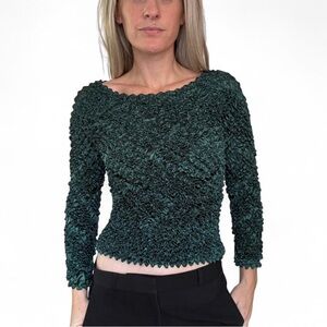 Womens Plisse Crinkle Top Y2K One Size Green Textured Artsy Popcorn Bubble Shirt